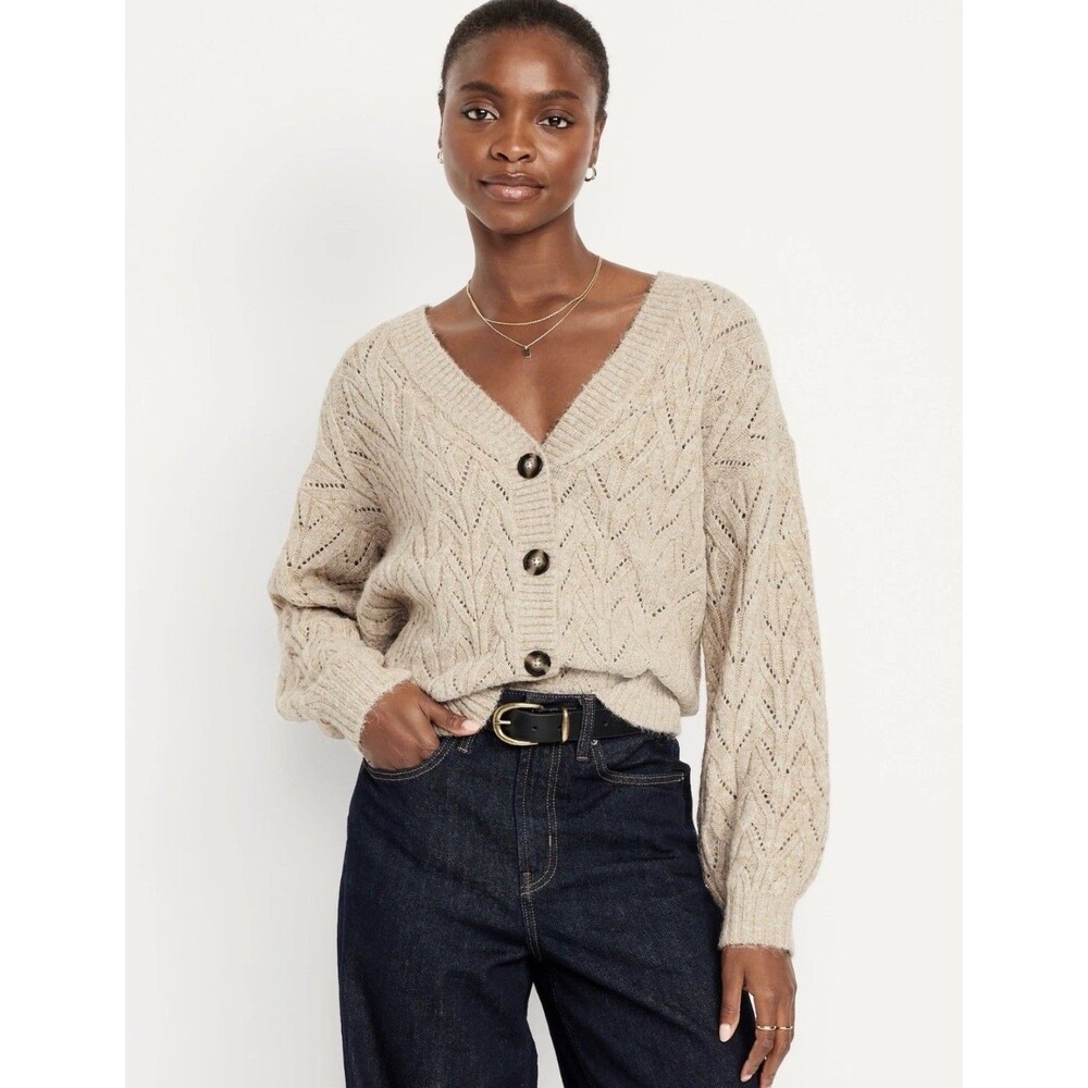 Old Navy Tan Heather Wool Blend Pointelle Knit Buttons Up Cardigan Sweater Sz.L